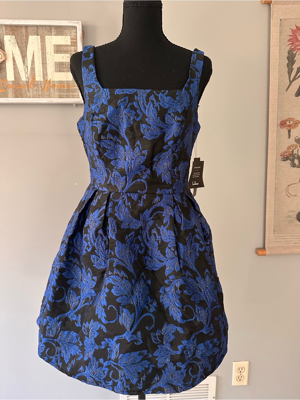 Lulu's Black & Royal Blue Floral Jacquard Fit-and-Flare Mini Dress